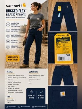 Carhartt Women’s Rugged Flex Relaxed Fit Pants Size 4 BN5113-W Navy Canvas NWT